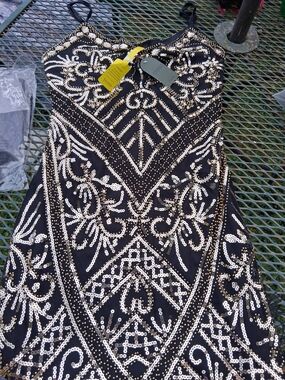 Flapper Dress "Yessa" 1920's theme. headband,pr black gloves,necklace & earrings